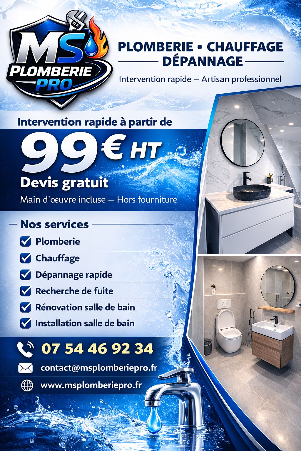 Artisan plombier MS Plomberie Pro en intervention à Villepinte